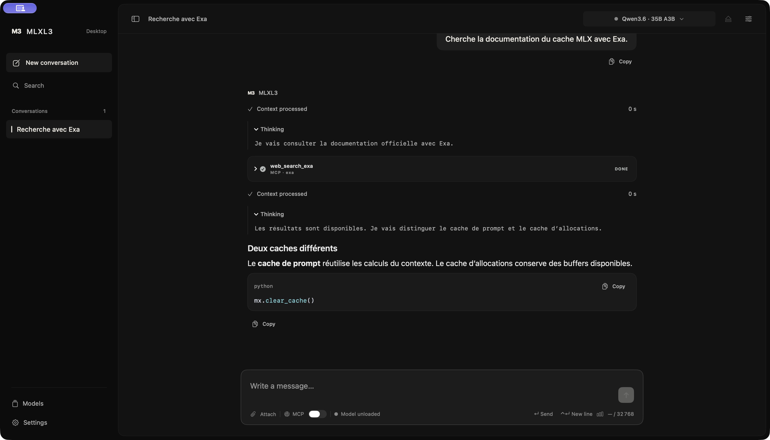Native MLXL3 interface: conversations on the left, a Markdown response and MCP tool call in the center, message input below.